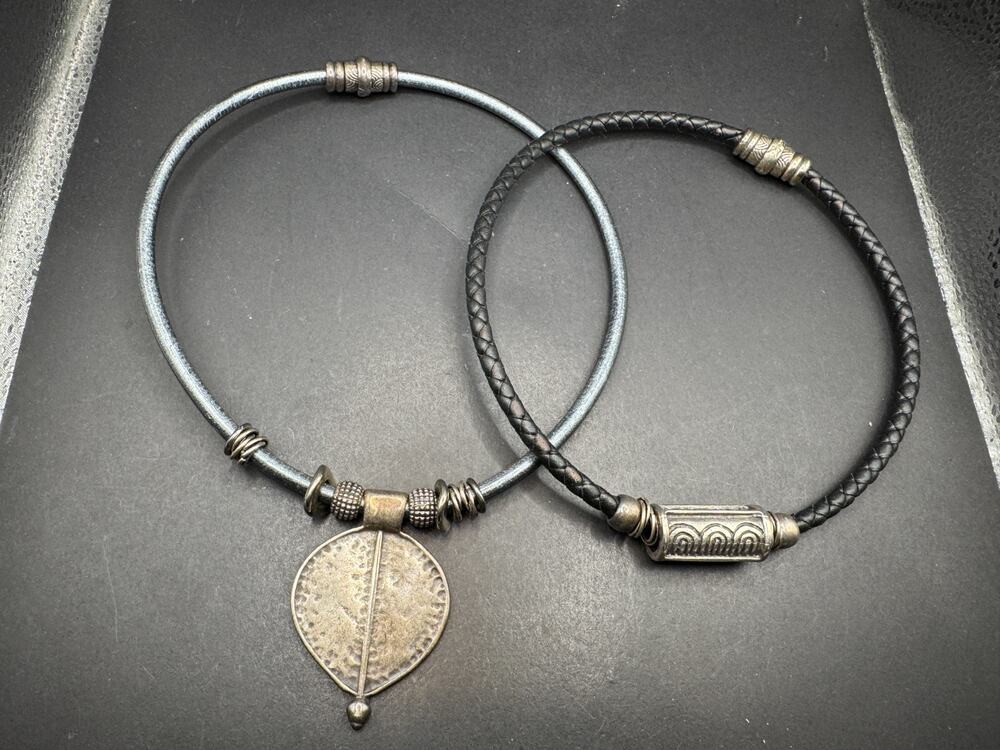Vintage Silver Tribal Etched Braided Black Leather & Choker Necklace Lot of 2